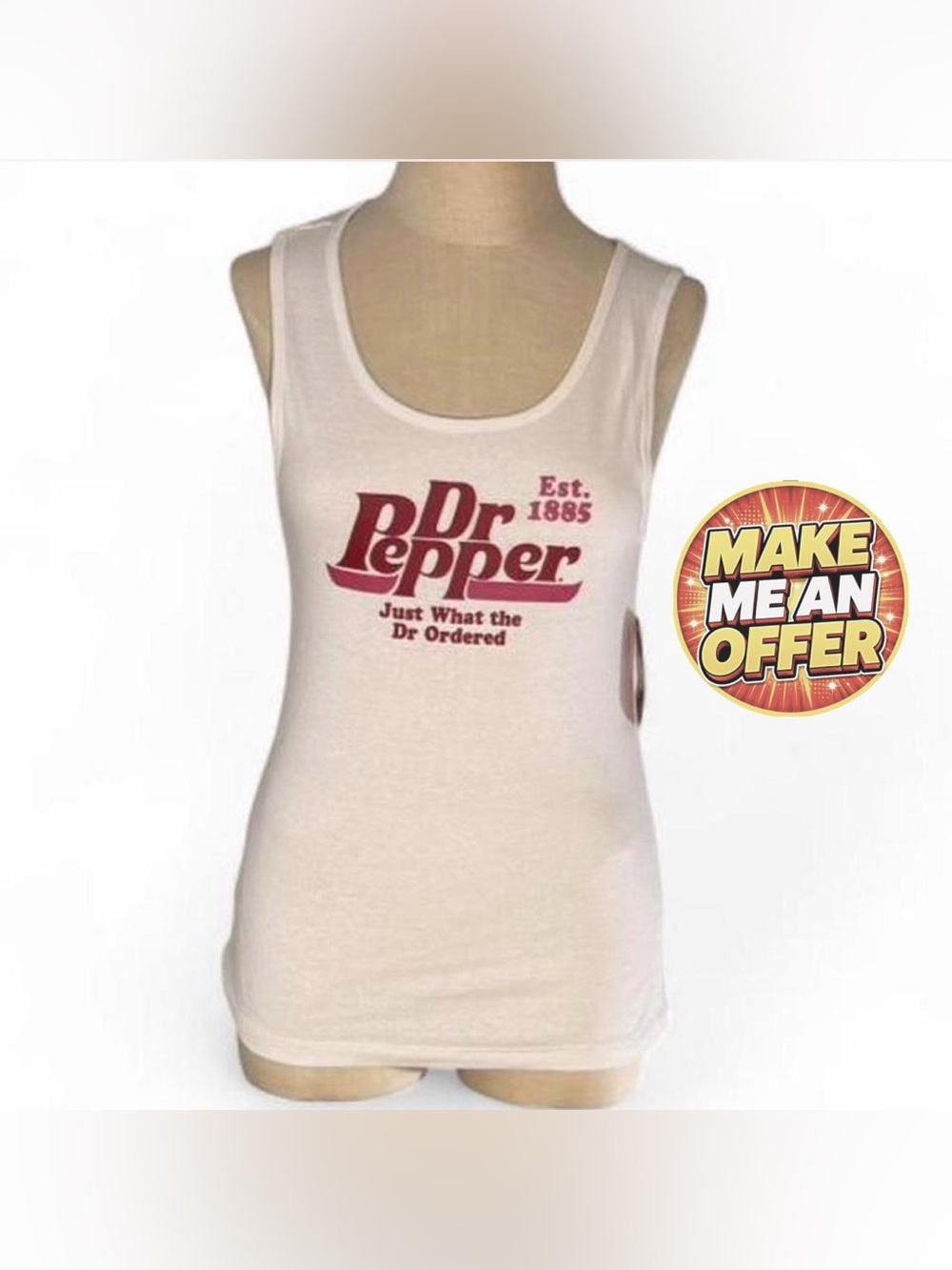 Brand New Dr Pepper Logo Tank Top - Cream with Maroon Print - SZ L